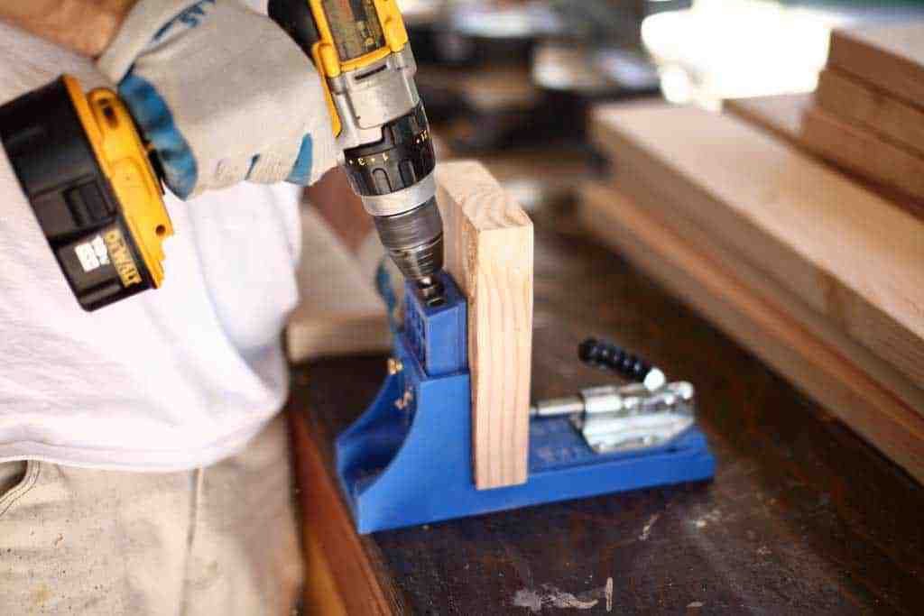 drilling pocket holes for DIY Shoe Rack Bench
