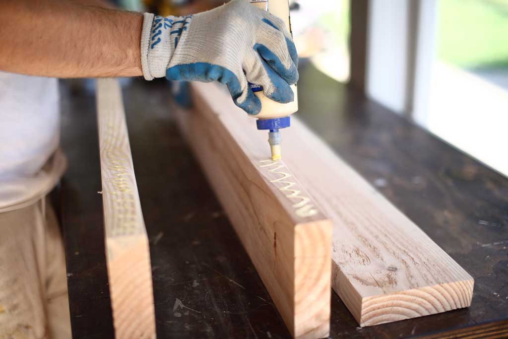 gluing the boards together for DIY Shoe Rack Bench