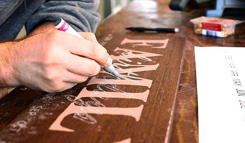 painting the text of the DIY Family Calendar Board