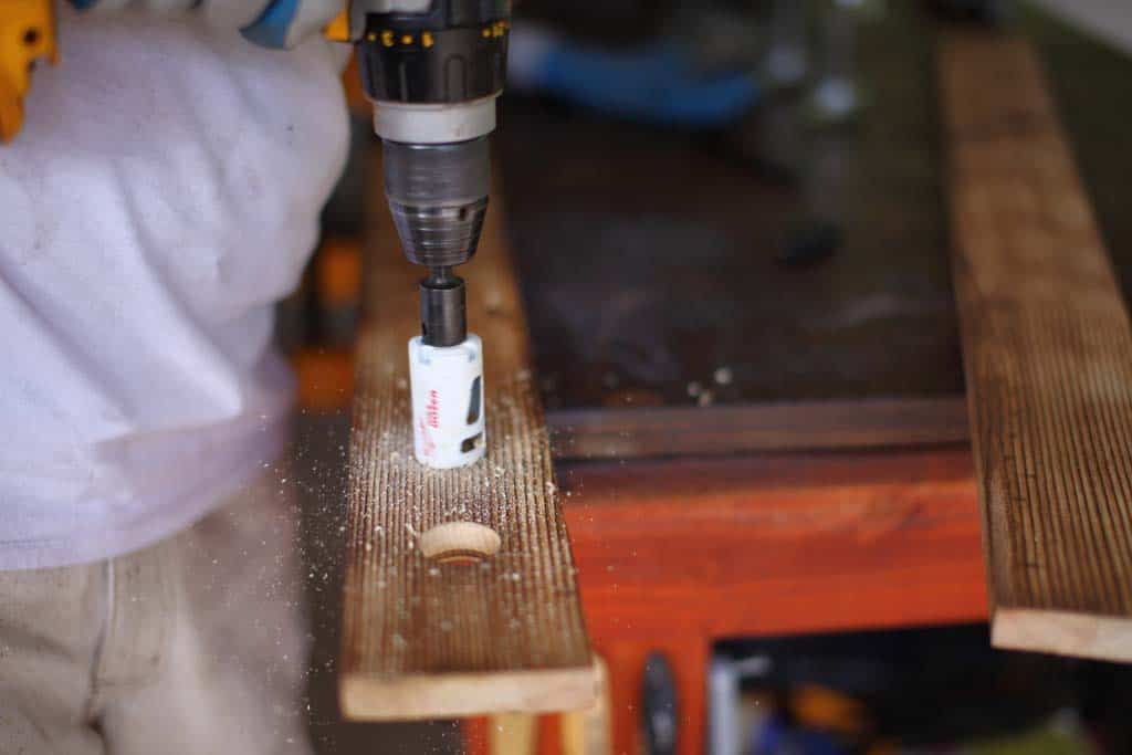 drilling holes for DIY Wooden Table Centerpiece