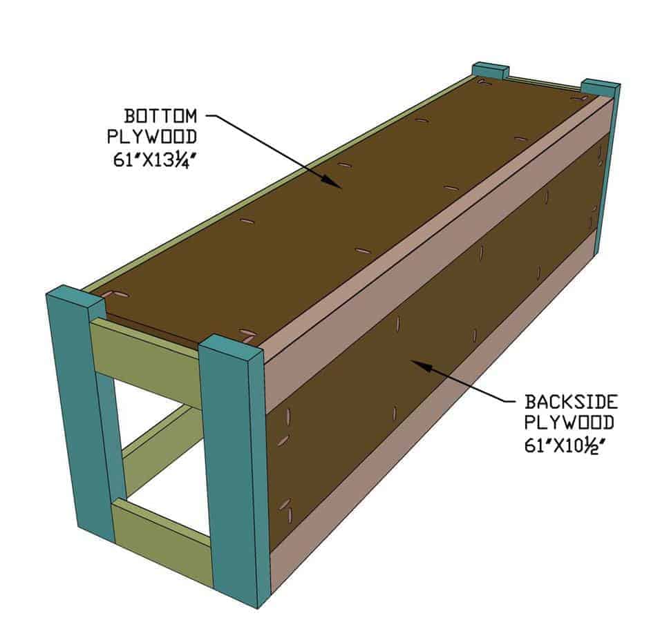 attach bottom and back plywood for the DIY Corner Storage Bench