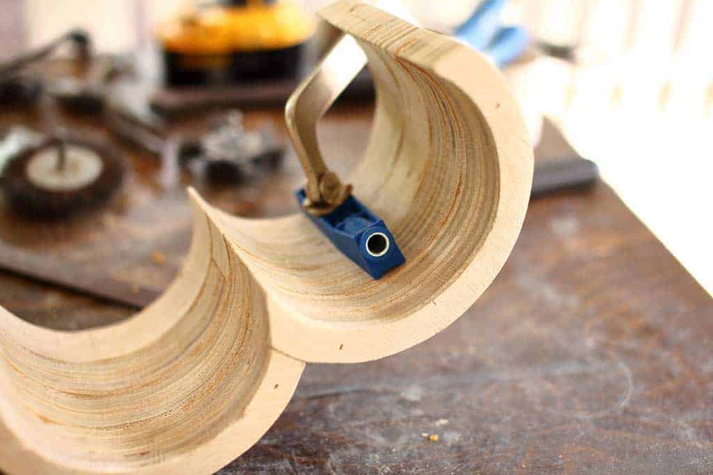 drilling pocket holes on DIY Cloud Toilet Paper Storage