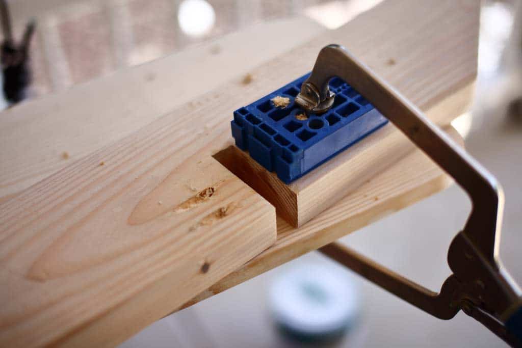 Drilling pocket holes for DIY Cornhole Scoreboard base