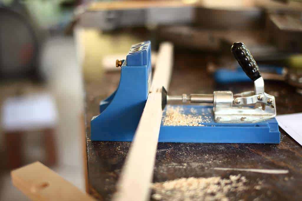 drilling pocket holes in plywood for the DIY 6 Drawer Dresser