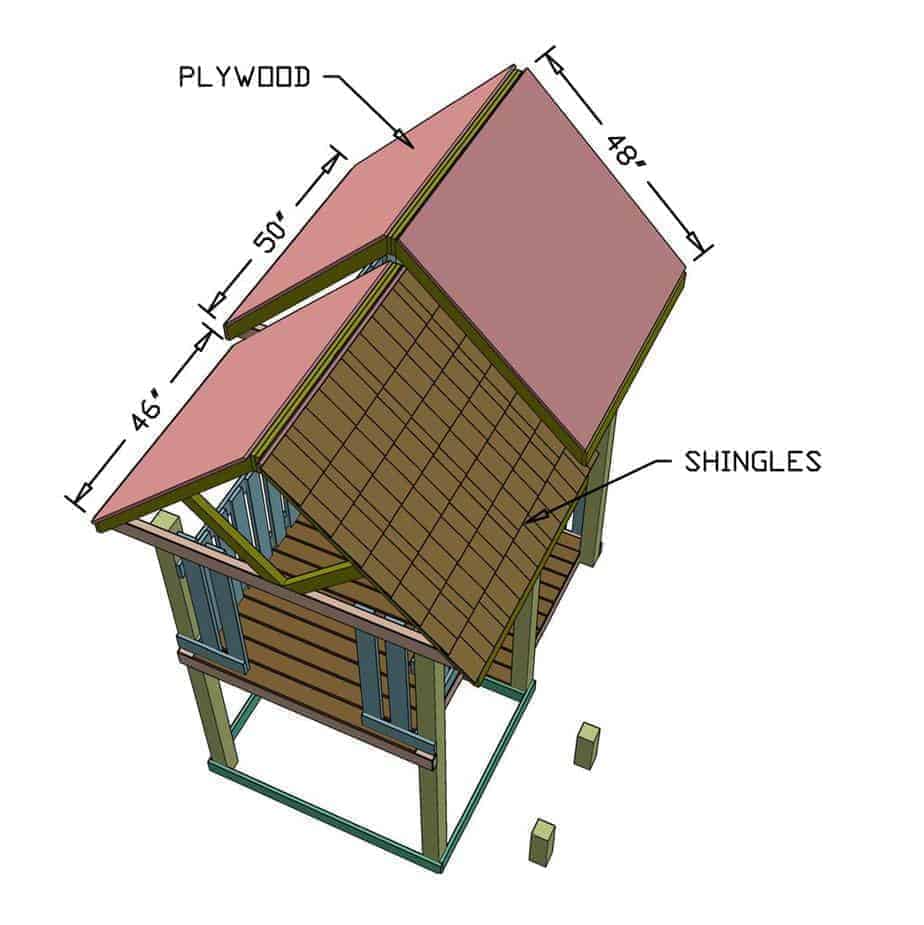 installing shingle on the roof of the DIY Backyard Playground