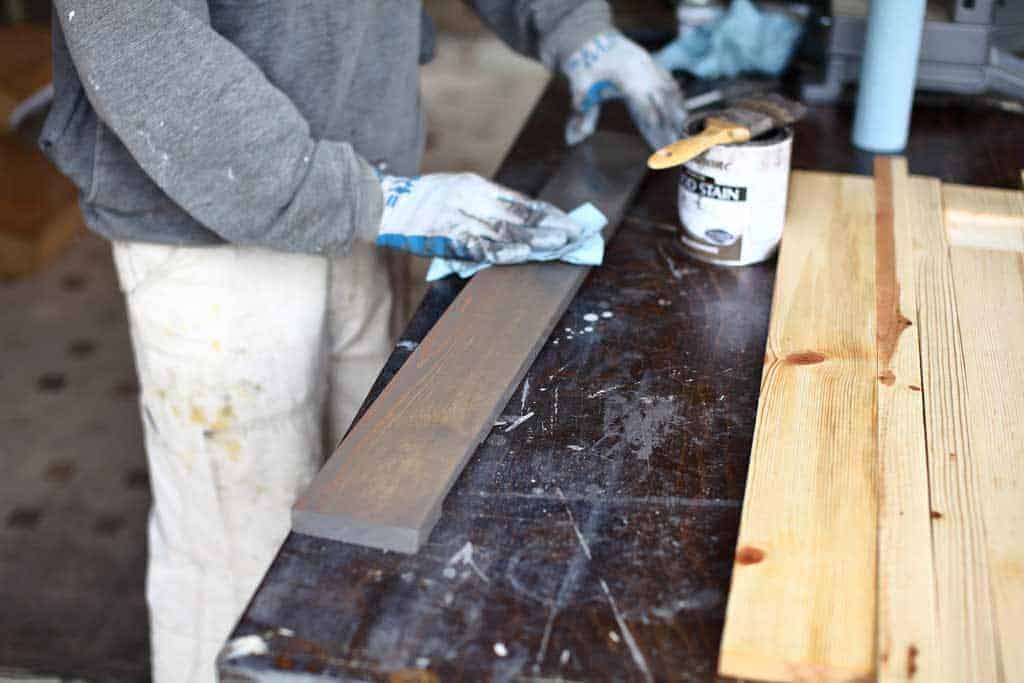 staining DIY mirror Frame for Entryway