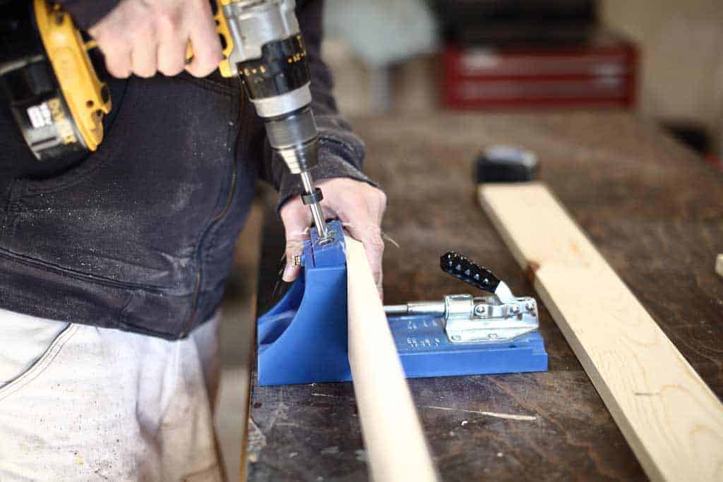 drilling pocket holes for DIY Back of Door Shelf frame