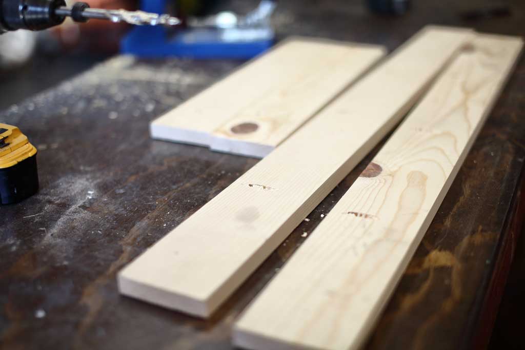 pocket holes drilled for DIY Back of Door Shelf