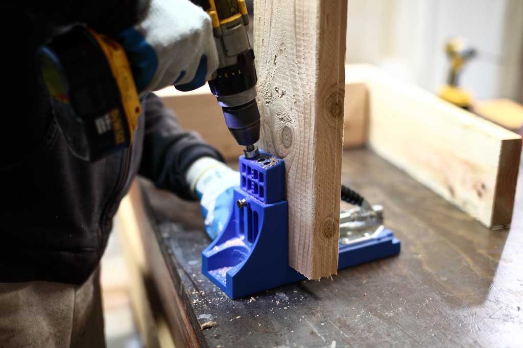 using kreg jib to drill pocket holes for DIY Sensory Table