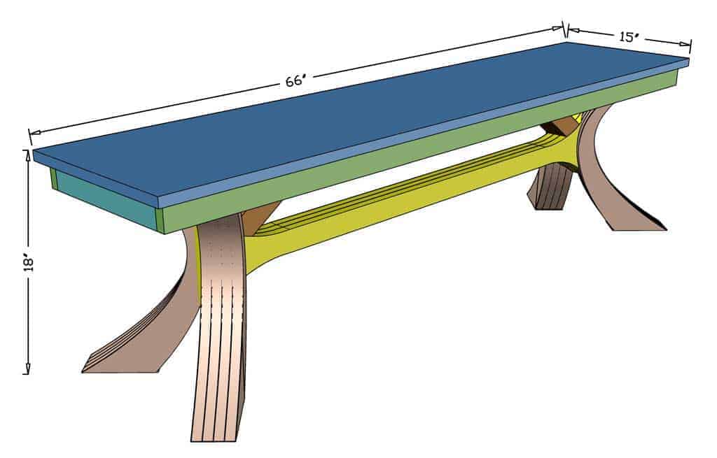 DIY dining table bench with curved legs dimensions