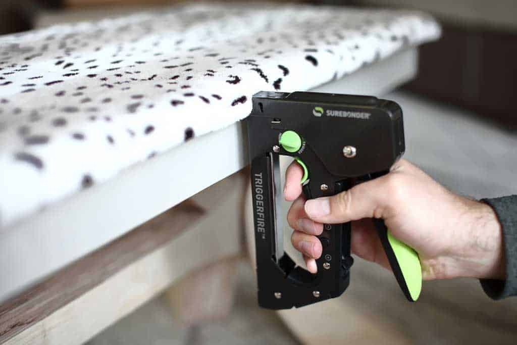 stapling fabric to bench top seating