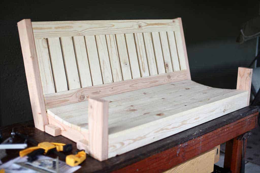 backrest panel attached on the DIY Outdoor swing Bench
