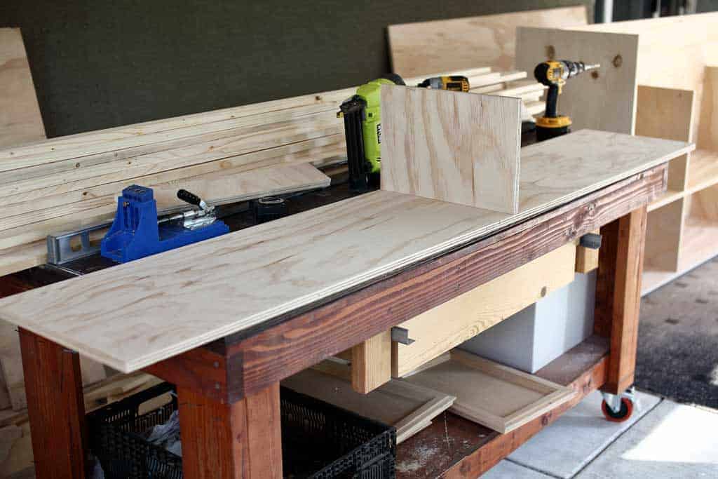 building a shelf for DIY Farmhouse Media Console with TV Lift