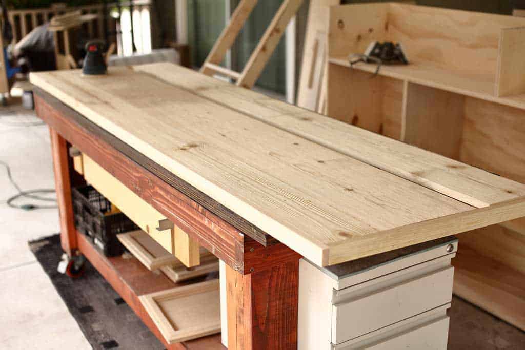 building top for the DIY Farmhouse Media Console with TV Lift