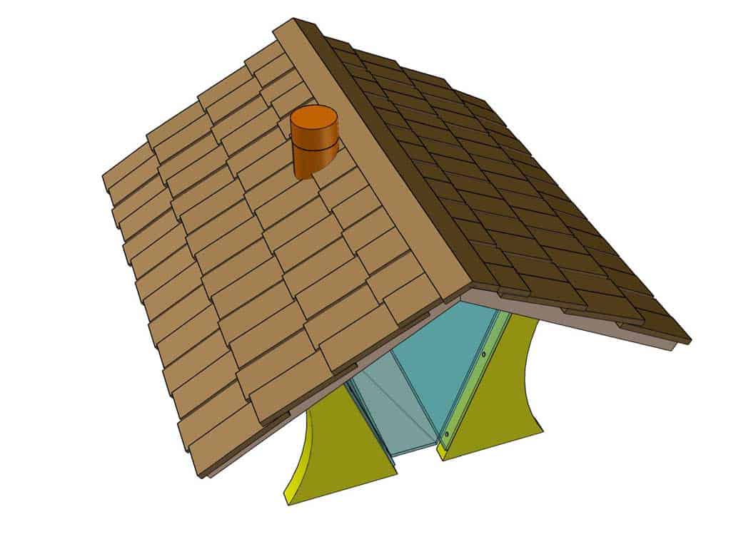 attaching wood plank on the ridge of the DIY bird feeder house