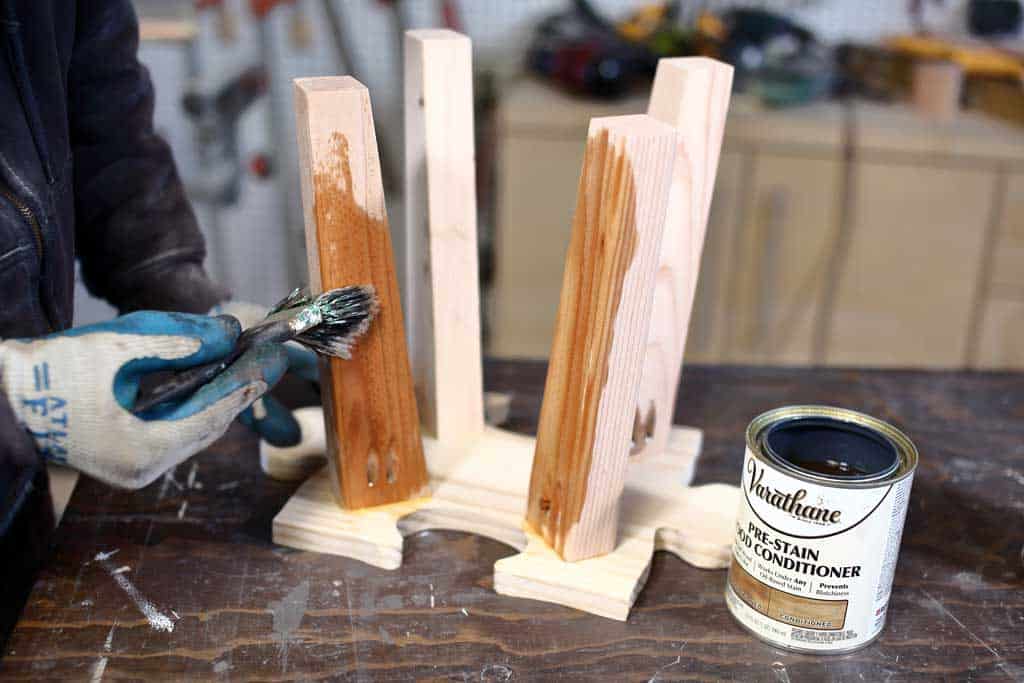 apply pre-stain on puzzle stepping stool