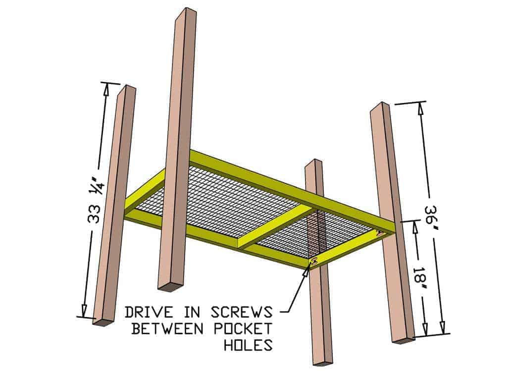 attaching floor frame to legs of DIY rabbit hutch