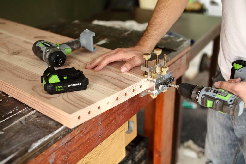 drilling dowel holes to make a bench