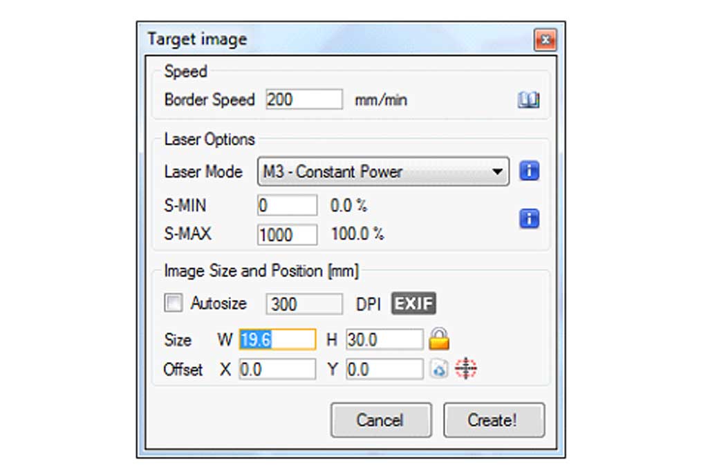 settings for LaserGrml software for Aurero Laser 2