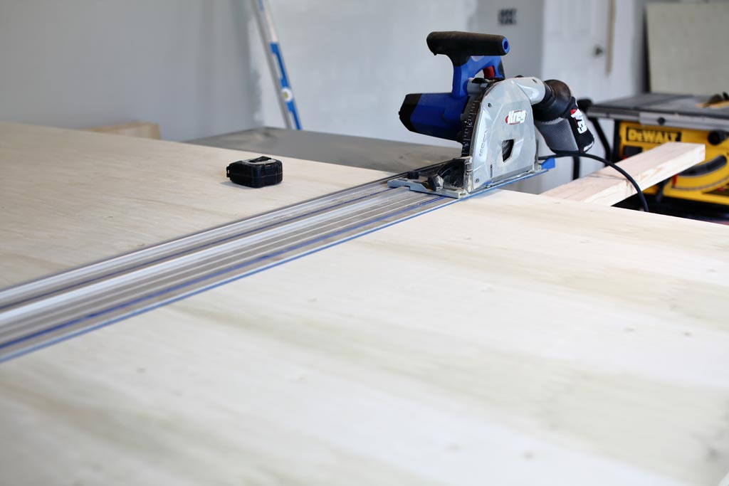using kreg accu-cut circular saw to cut plywood for kitchen cabinets