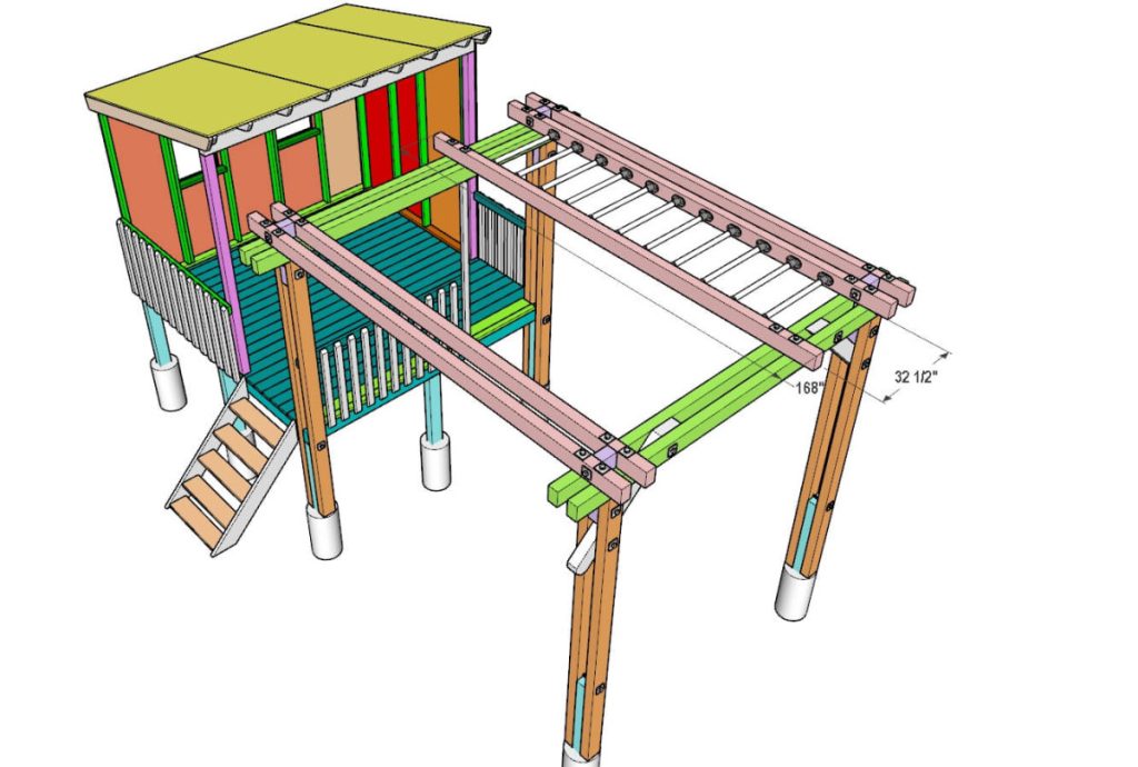 adding monkey bars to the DIY Playhouse for Kids